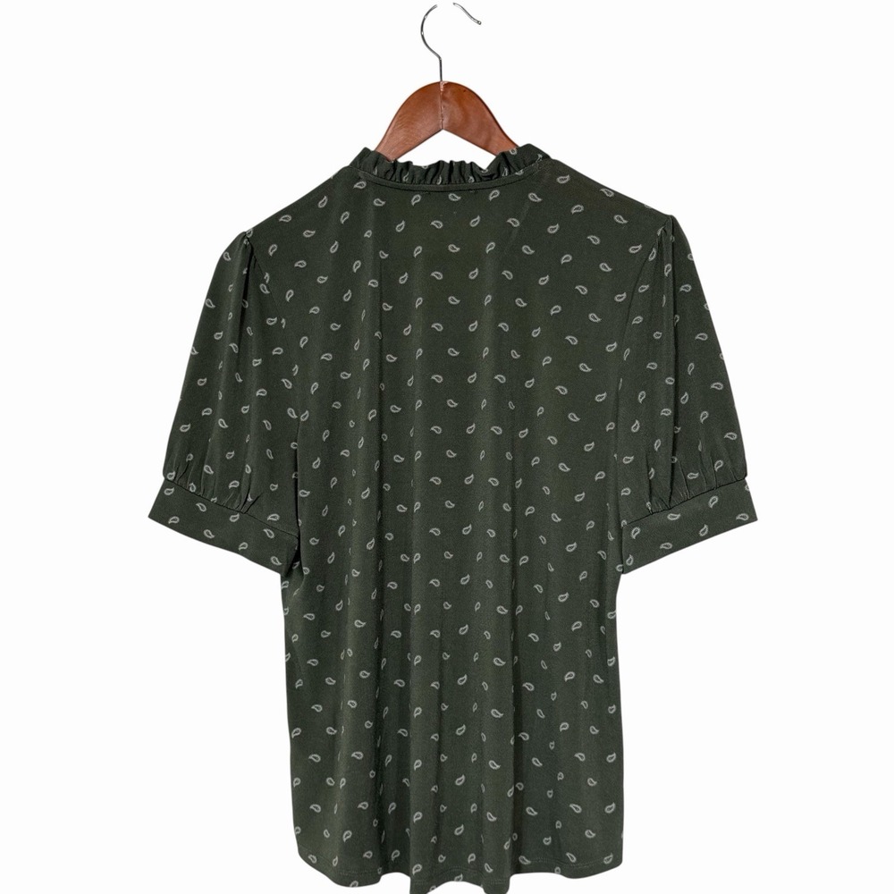 Adrianna Papell Womens Medium Green Paisley Tie Neck Blouse Puff Sleeve Top - Picture 3 of 8